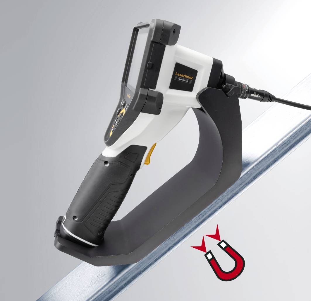 Cable camera with handle rests on metal, suggested by magnet symbol.