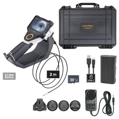 An inspection camera set with monitor, hard-shell case, Li-ion battery, USB-C cable, power adapter, various lens attachments and memory card.