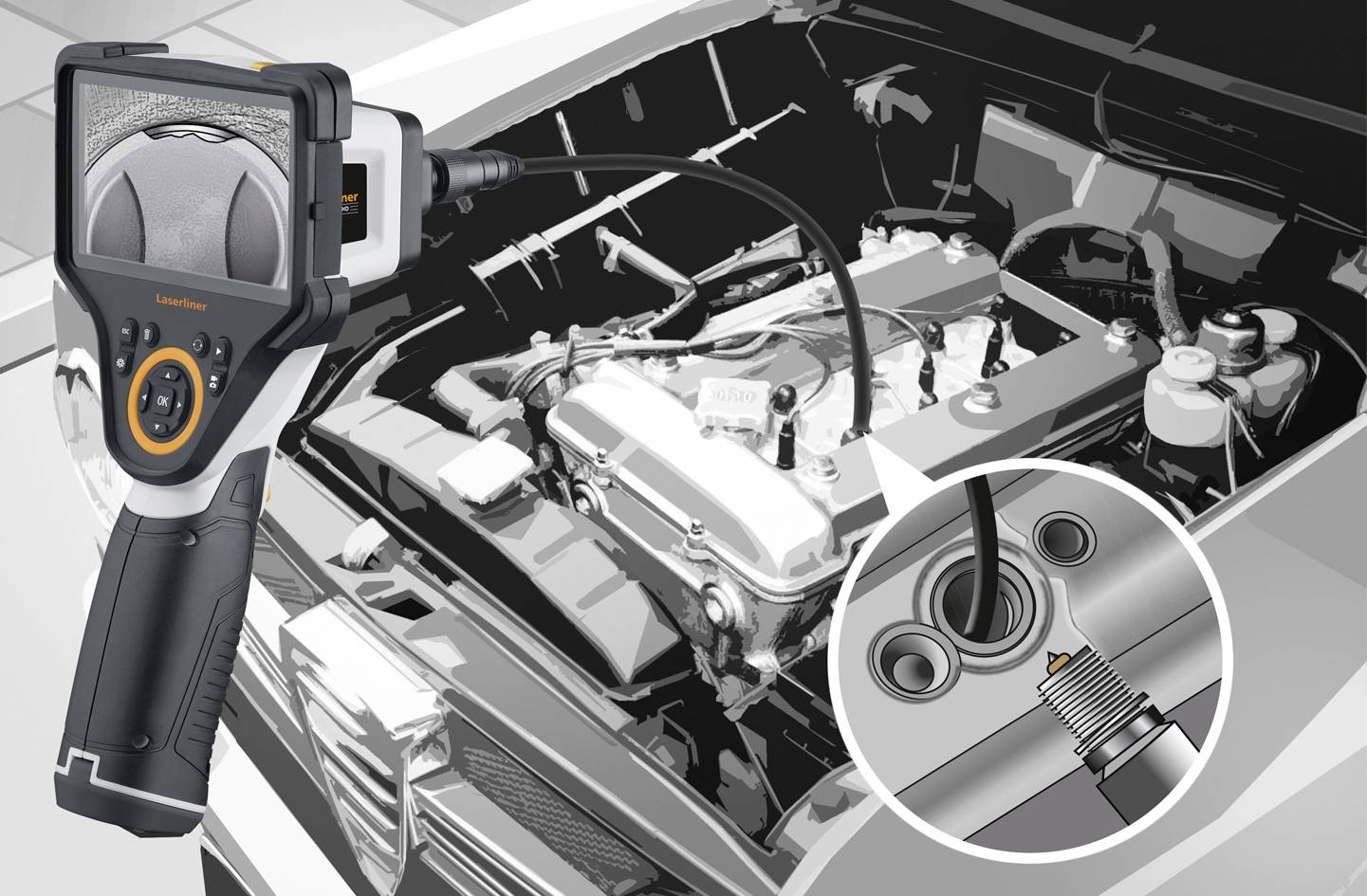 An endoscope inspects the engine of a car, displays the spark plug in use on a screen, emphasising diagnostic tool usage.