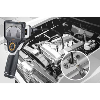 An endoscope inspects the engine of a car, displays the spark plug in use on a screen, emphasising diagnostic tool usage.