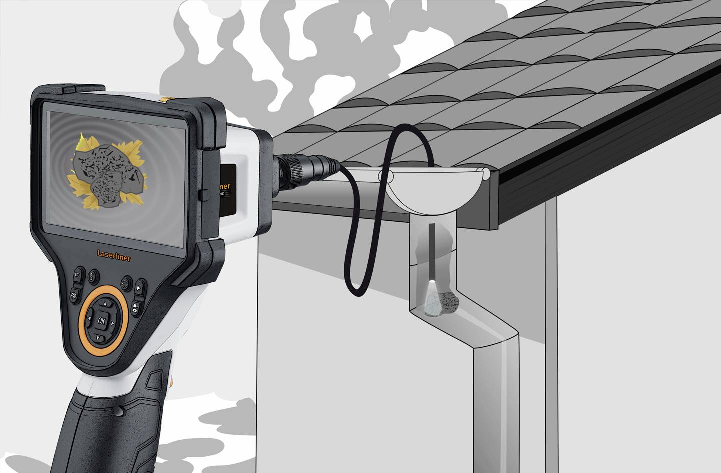 A hand-held camera shows a blocked downpipe in a gutter, cutting through to indicate the precise location of the problem.