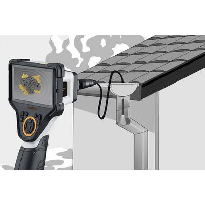 A hand-held camera shows a blocked downpipe in a gutter, cutting through to indicate the precise location of the problem.
