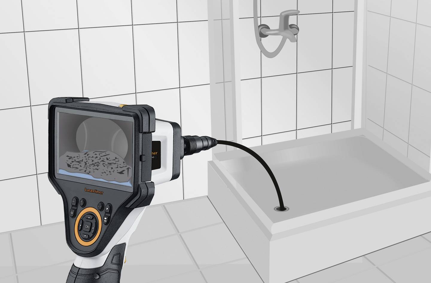 An endoscope shows a blocked shower on the screen. Tiled wall and shower head visible. Device is examining the drainage channel.