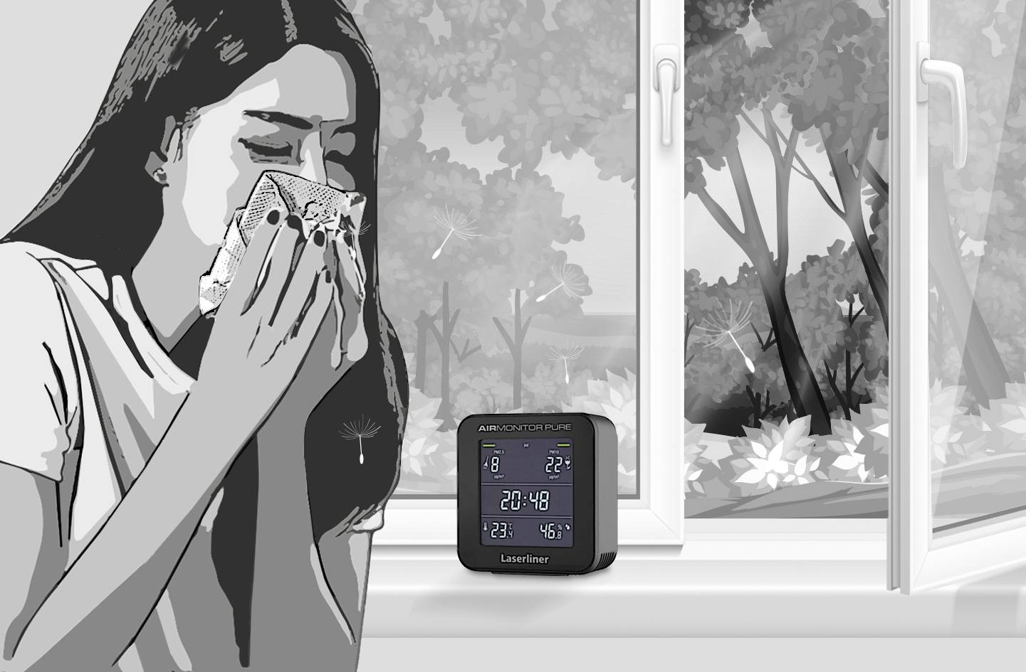 A person sneezes into a tissue next to an open window. An air quality monitor displays temperature and humidity. Outside, the wind is blowing leaves.