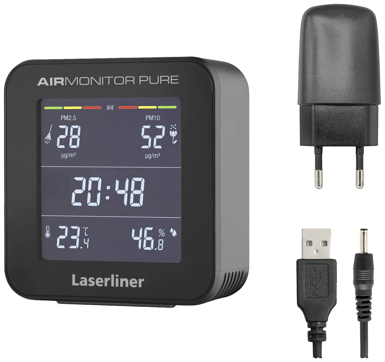 Air quality monitor displays PM2.5 and PM10 levels, time, temperature and humidity. Includes charger and cable.