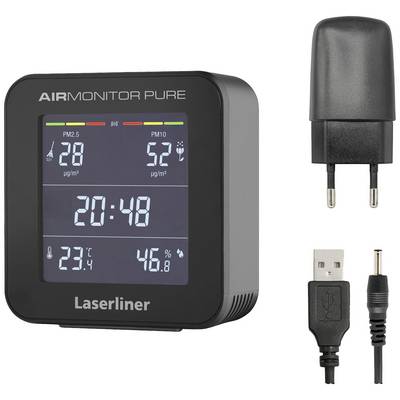 Air quality monitor displays PM2.5 and PM10 levels, time, temperature and humidity. Includes charger and cable.