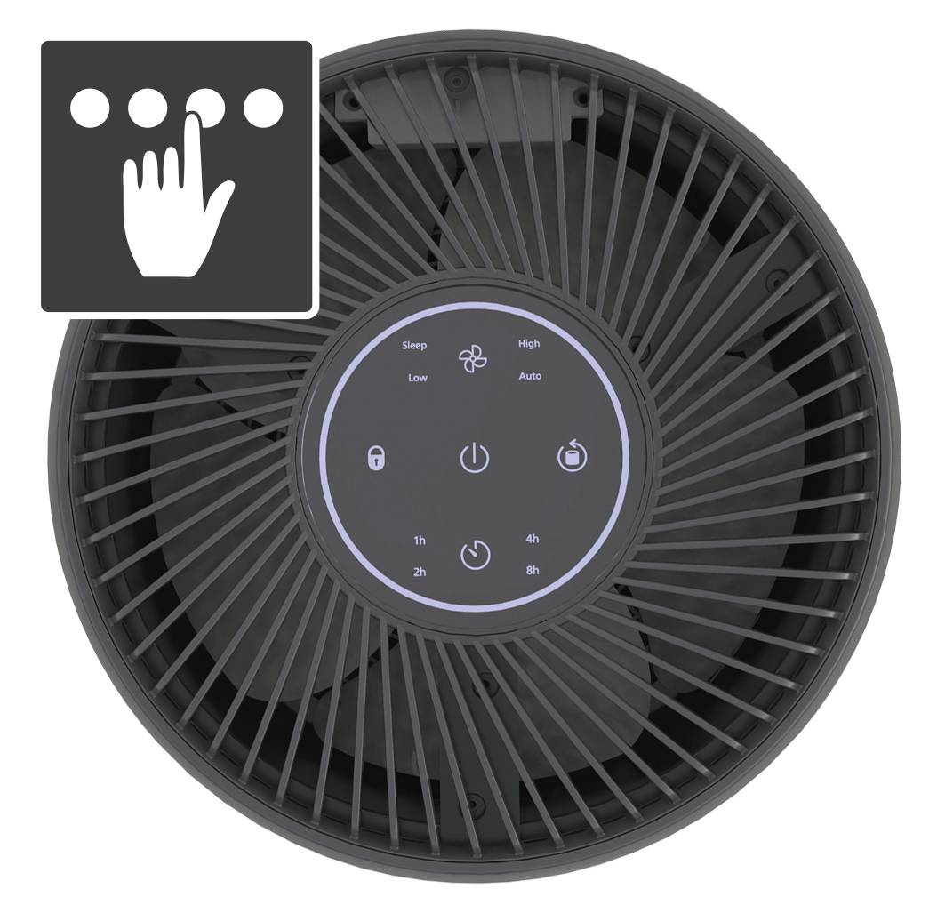 'Air purifier viewed from above with control symbols: Sleep, Low, High, Auto, Timer from 1h to 8h; Operating instruction showing finger pointing at controls.'