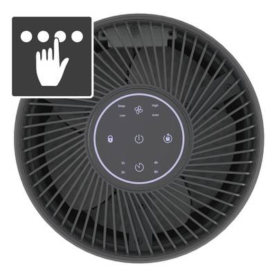 'Air purifier viewed from above with control symbols: Sleep, Low, High, Auto, Timer from 1h to 8h; Operating instruction showing finger pointing at controls.'