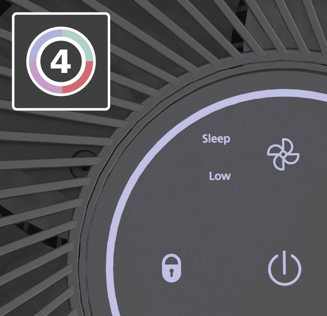 'Display of an air purifier in sleep mode. Shows wind speed, lock symbol, and power on/off switch.'
