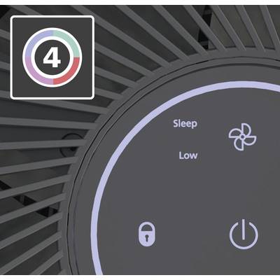 'Display of an air purifier in sleep mode. Shows wind speed, lock symbol, and power on/off switch.'