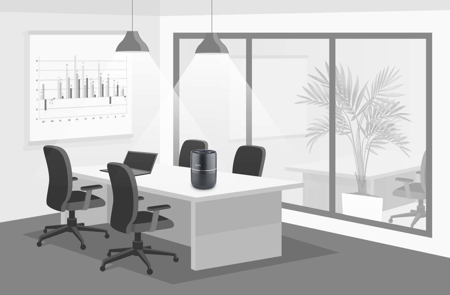 Conference room with a table, four chairs, laptop, presentation diagram on the wall and smart speaker on the table.