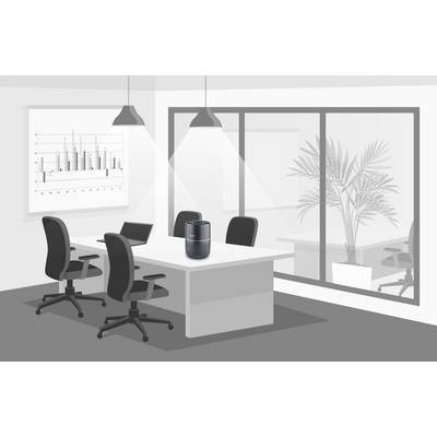 Conference room with a table, four chairs, laptop, presentation diagram on the wall and smart speaker on the table.