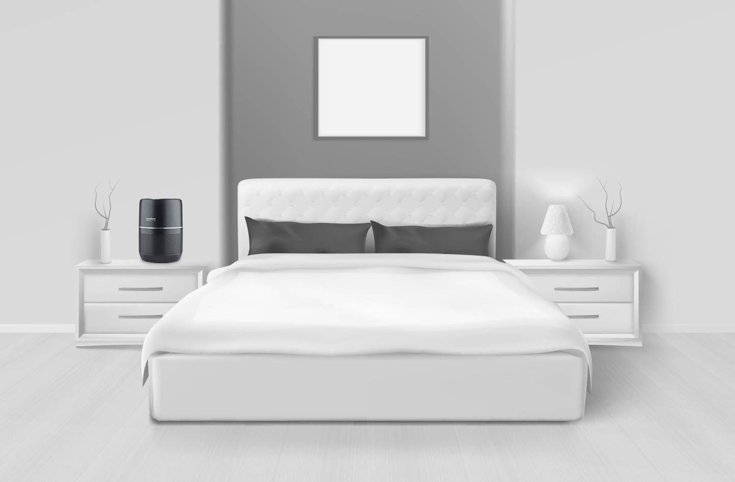 A modern bedroom with a double bed, two bedside tables with lamps and an abstract wall decoration in the background.