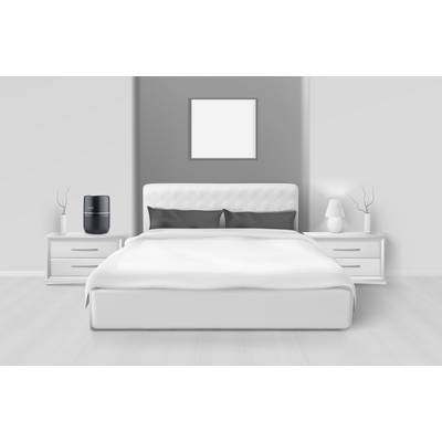 A modern bedroom with a double bed, two bedside tables with lamps and an abstract wall decoration in the background.