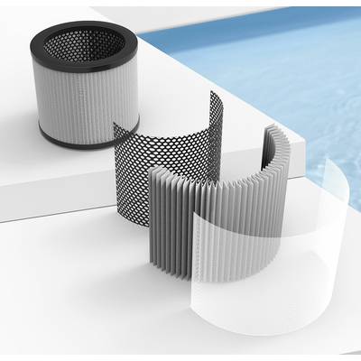 Air filter with cylindrical shape in individual components on a white background beside a swimming pool. Structures and materials visible.