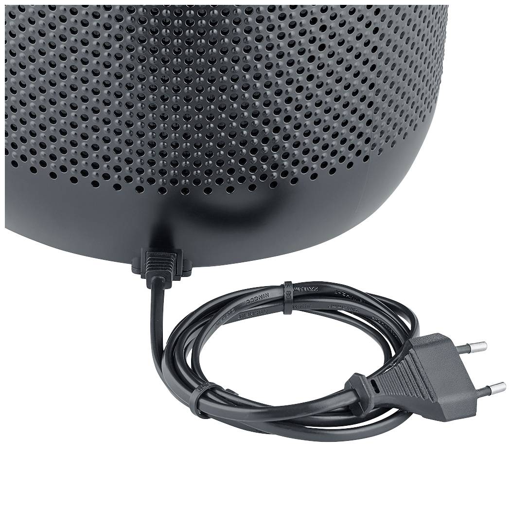 Black network cable connected to an electrical device with a European plug. The device has a perforated surface.