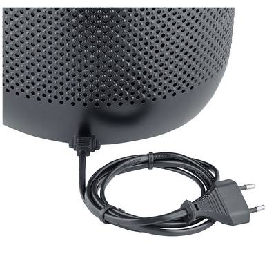 Black network cable connected to an electrical device with a European plug. The device has a perforated surface.
