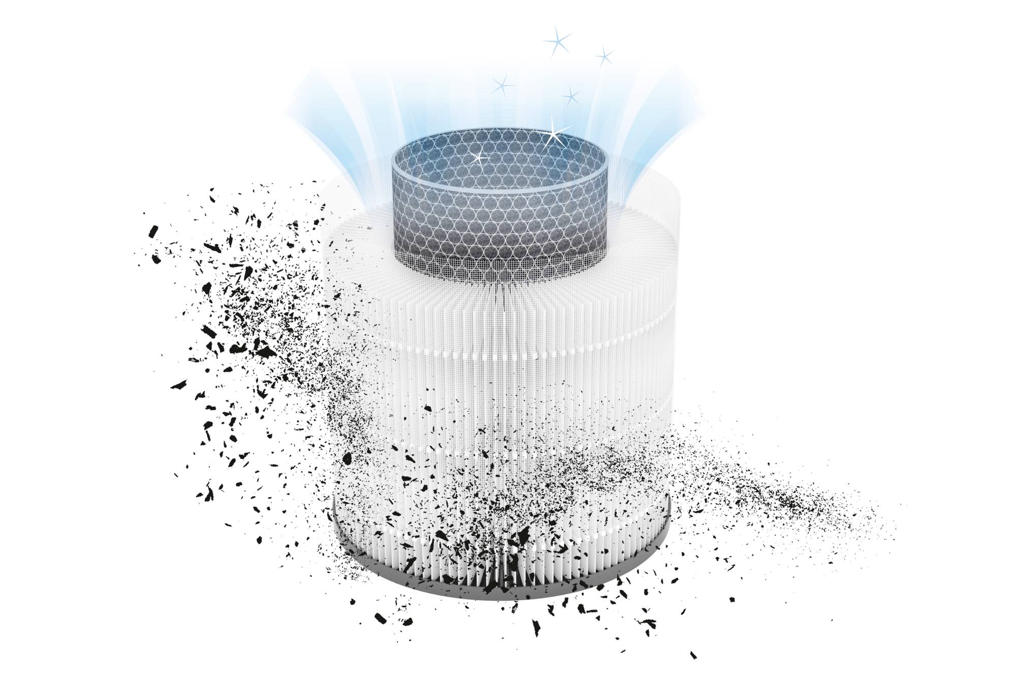 Air filter in a cylindrical shape that captures dust particles and expels clean air upwards. A honeycomb grid is visible inside.