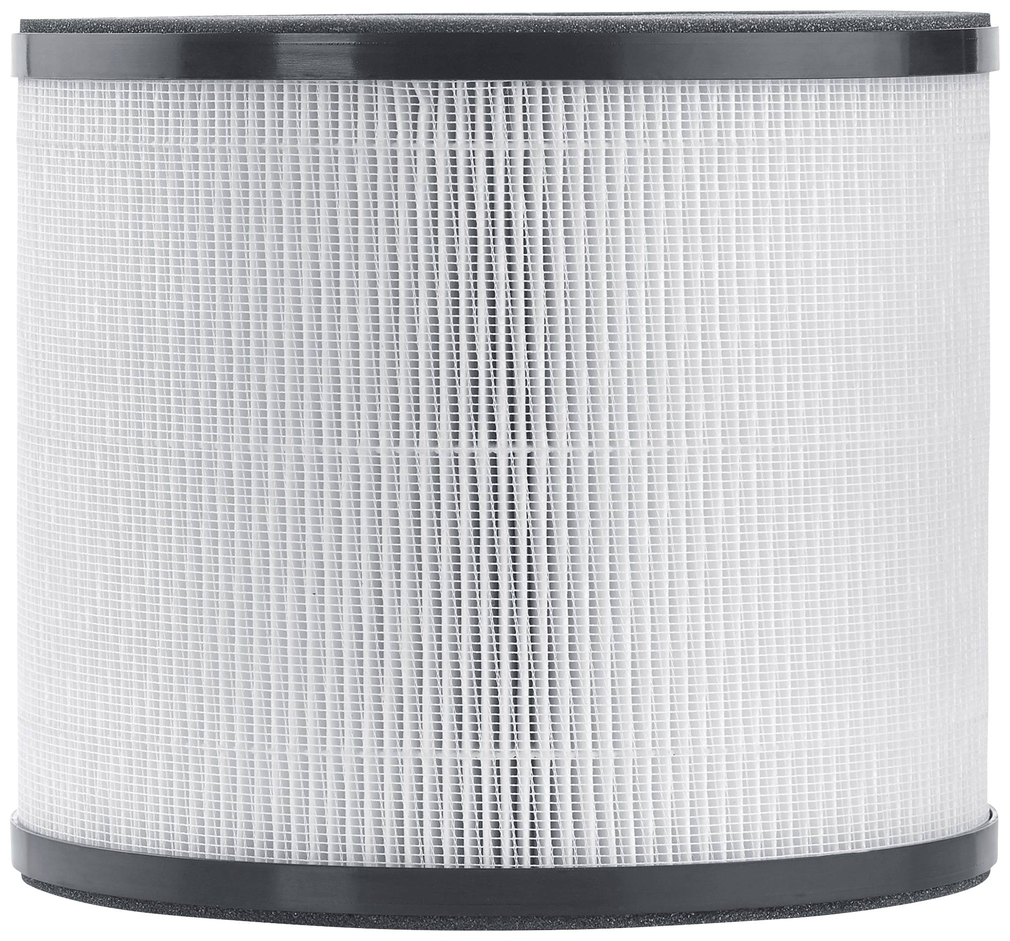 A circular air filter with white mesh fabric, framed by black borders at the top and bottom.