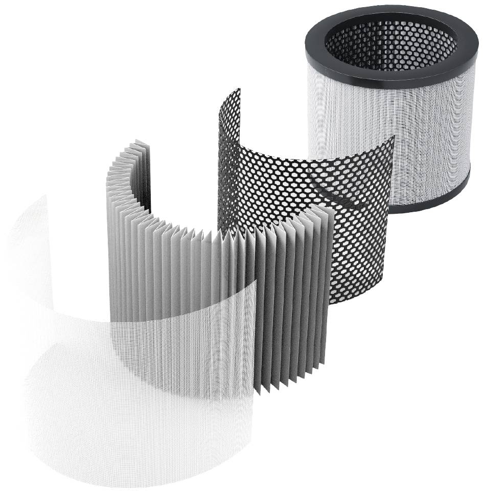 Four layers of an air filter: outer mesh, pleated paper filter, intermediate layer, inner mesh. Used for air purification.