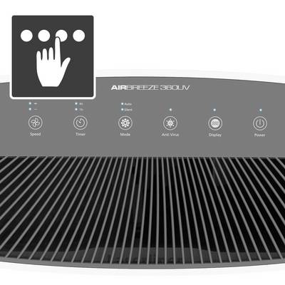 Air purifier control panel with symbols for speed, timer, mode, anti-virus, display, and power, along with a "touch" icon.