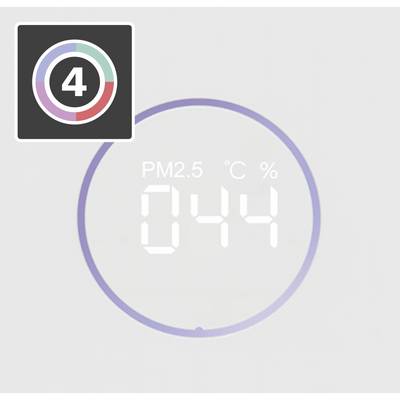 A pie chart shows a PM2.5 value of 44. Symbol with number 4 in the top left. Climate monitoring or air quality indicator.