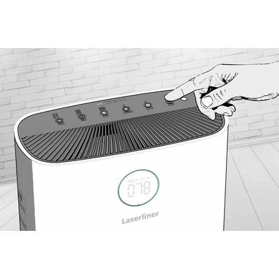 Air purifier in a modern space, a hand pressing a button on the top of the device. Digital display shows '078'.