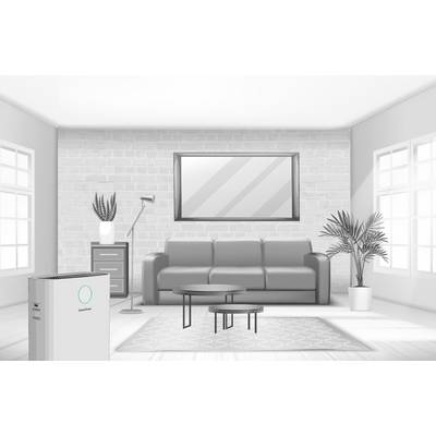 A modern living room with a grey sofa, two round coffee tables, plants and a white air purifier in the foreground.