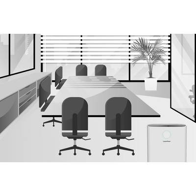 Conference room with a large table and six chairs, window blinds partially drawn. An air purifier stands in the foreground.
