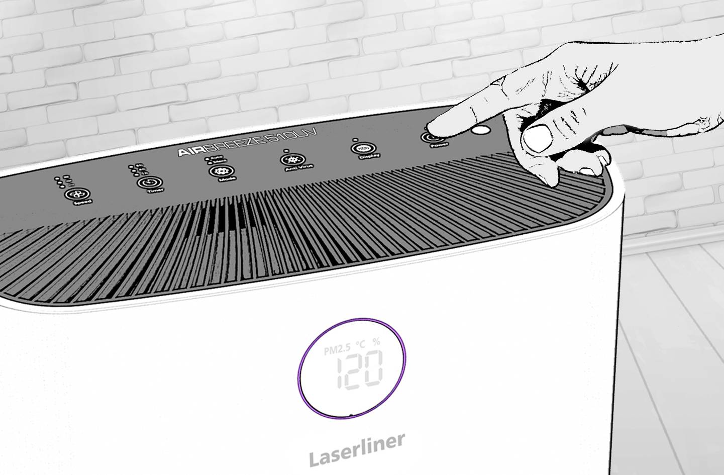 Air purifier with digital display showing 'PM2.5 120'. Hand presses power button.