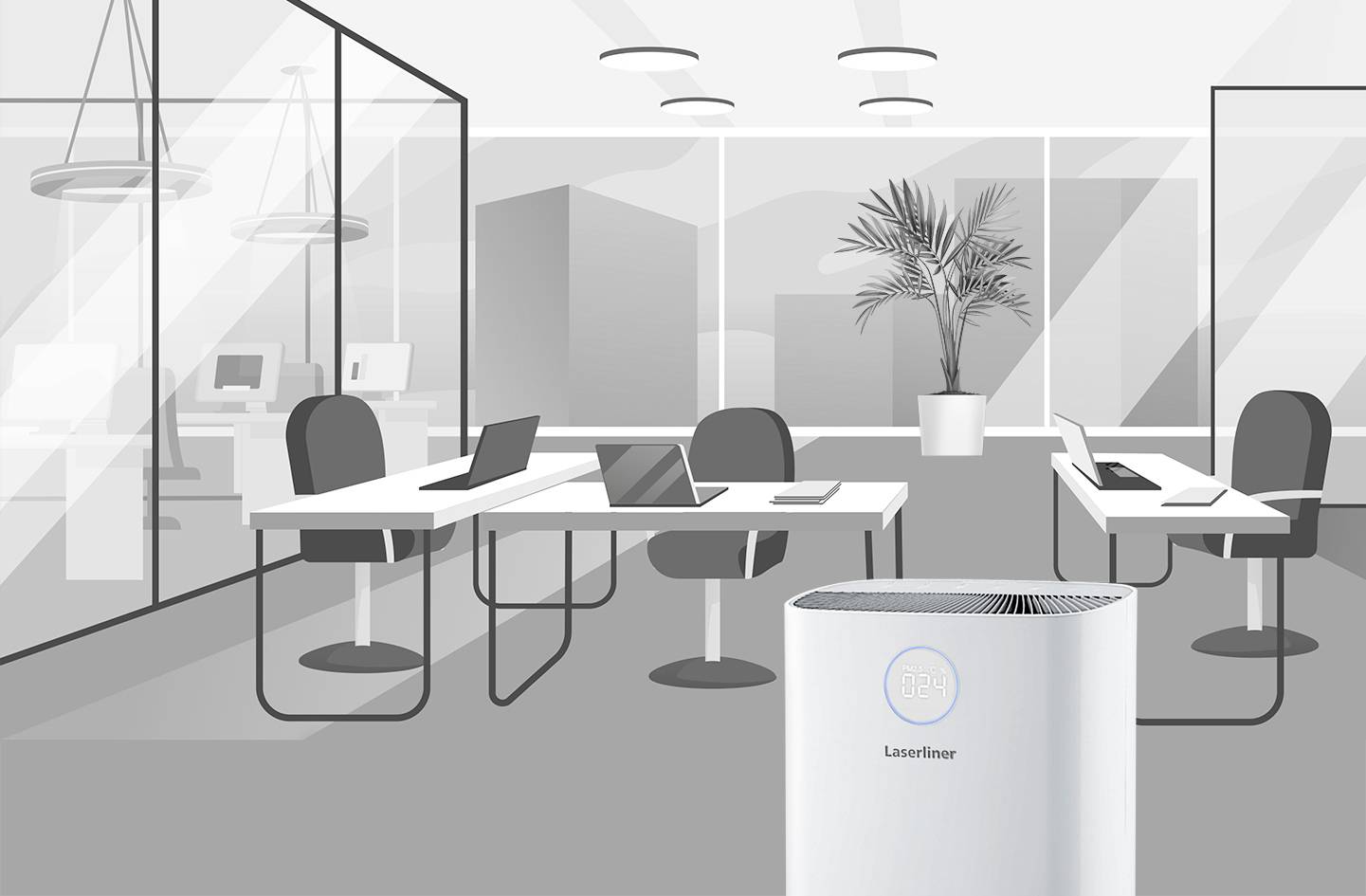 A modern office with multiple desks, laptops and an air purifier in the foreground. Large windows and a plant in the background.