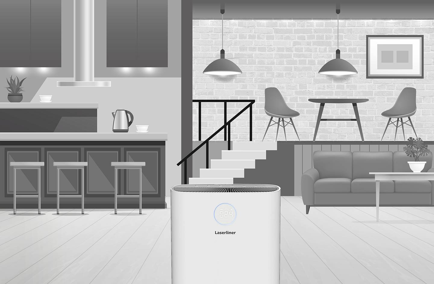 A modern air purifier stands in a stylish living room with an open-plan kitchen. Bright colours and minimalist design predominate.