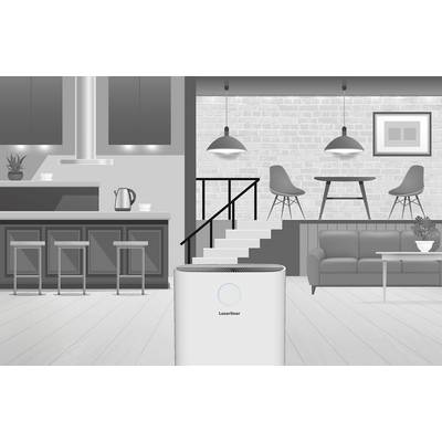 A modern air purifier stands in a stylish living room with an open-plan kitchen. Bright colours and minimalist design predominate.