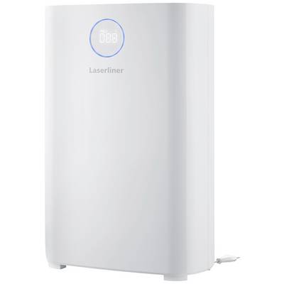 A white air purifier by Laserliner with a digital display showing 'FAN'. Compact and modern, suitable for indoor spaces.