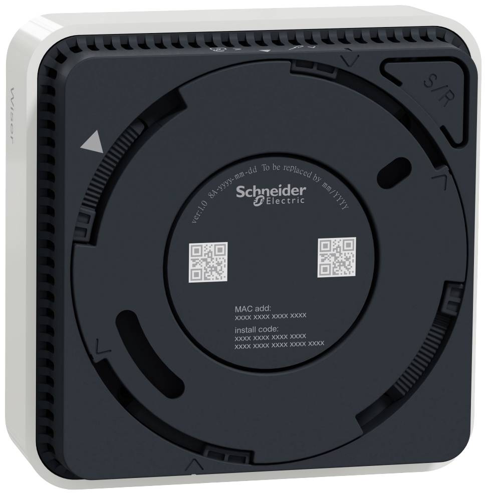 'Schneider Electric' device, square, black and white, with QR codes and MAC address visible.