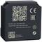Black battery-shaped device with QR codes and CE and EAC certifications. Contains serial number and installation codes.