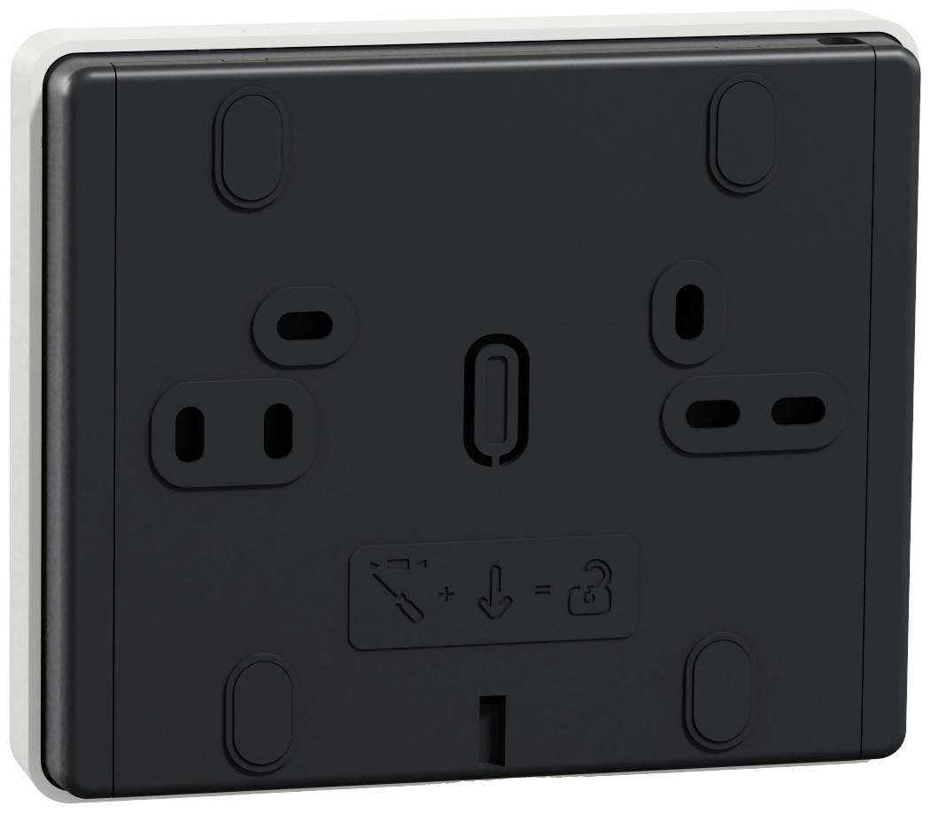 A rectangular black wall panel with various openings and symbols that can serve as a mounting plate for electronic devices.