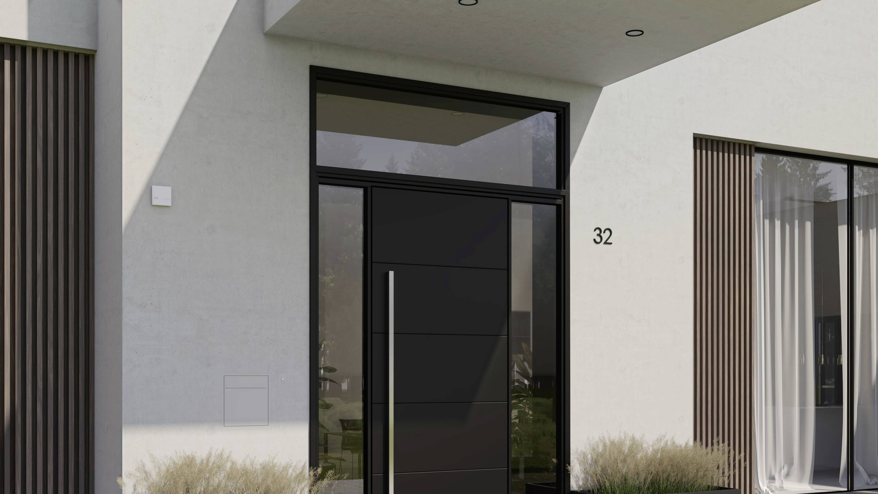 Modern front door of a house with the house number 32, surrounded by plants and large windows with curtains.