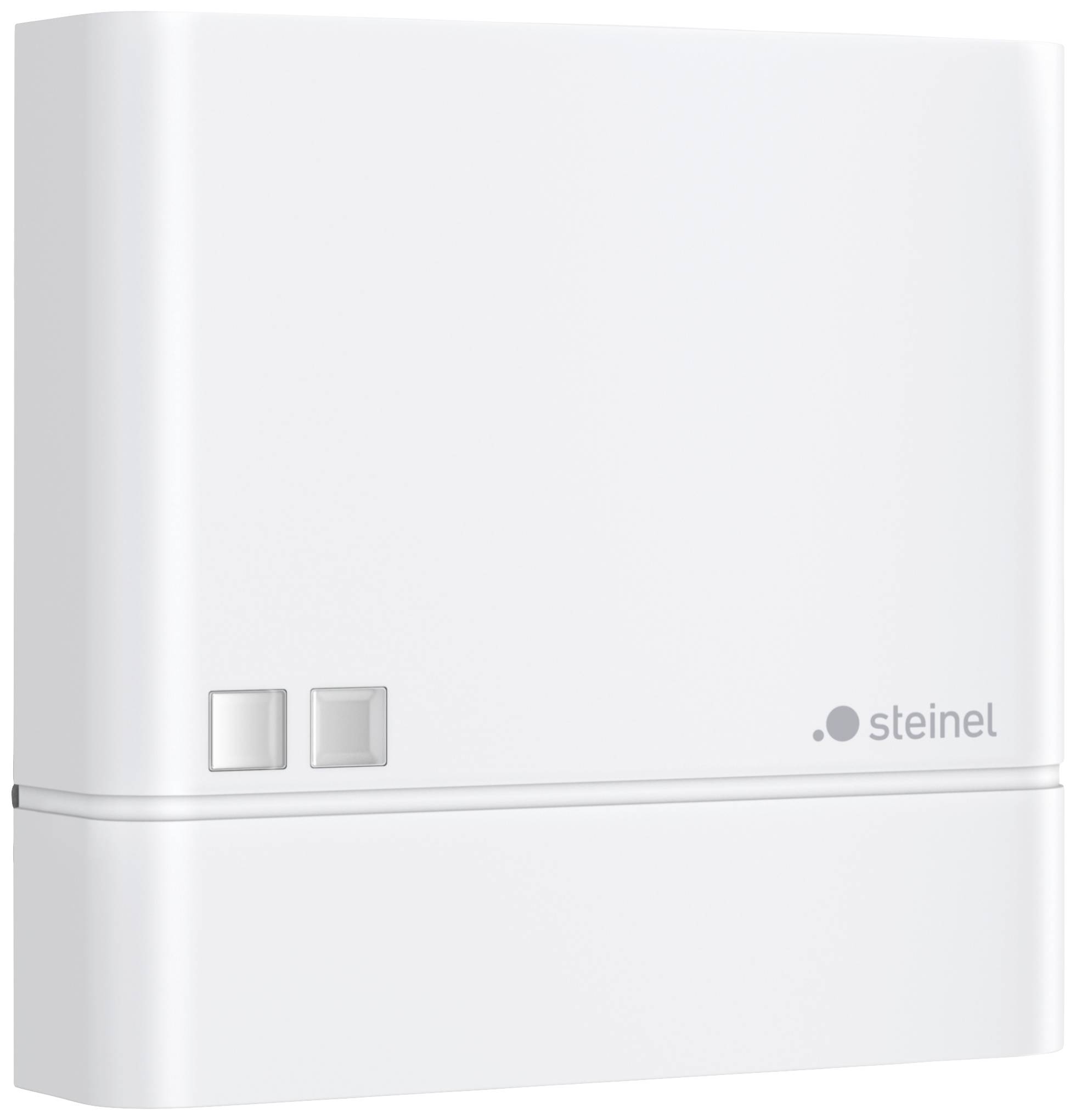 A white motion sensor with two buttons on the front and the brand name 'steinel' in the bottom right corner.