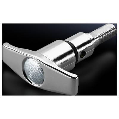 A silver-coloured metal handle with a round, blue button on a dark background. The handle has a T-shape and a knurled end.