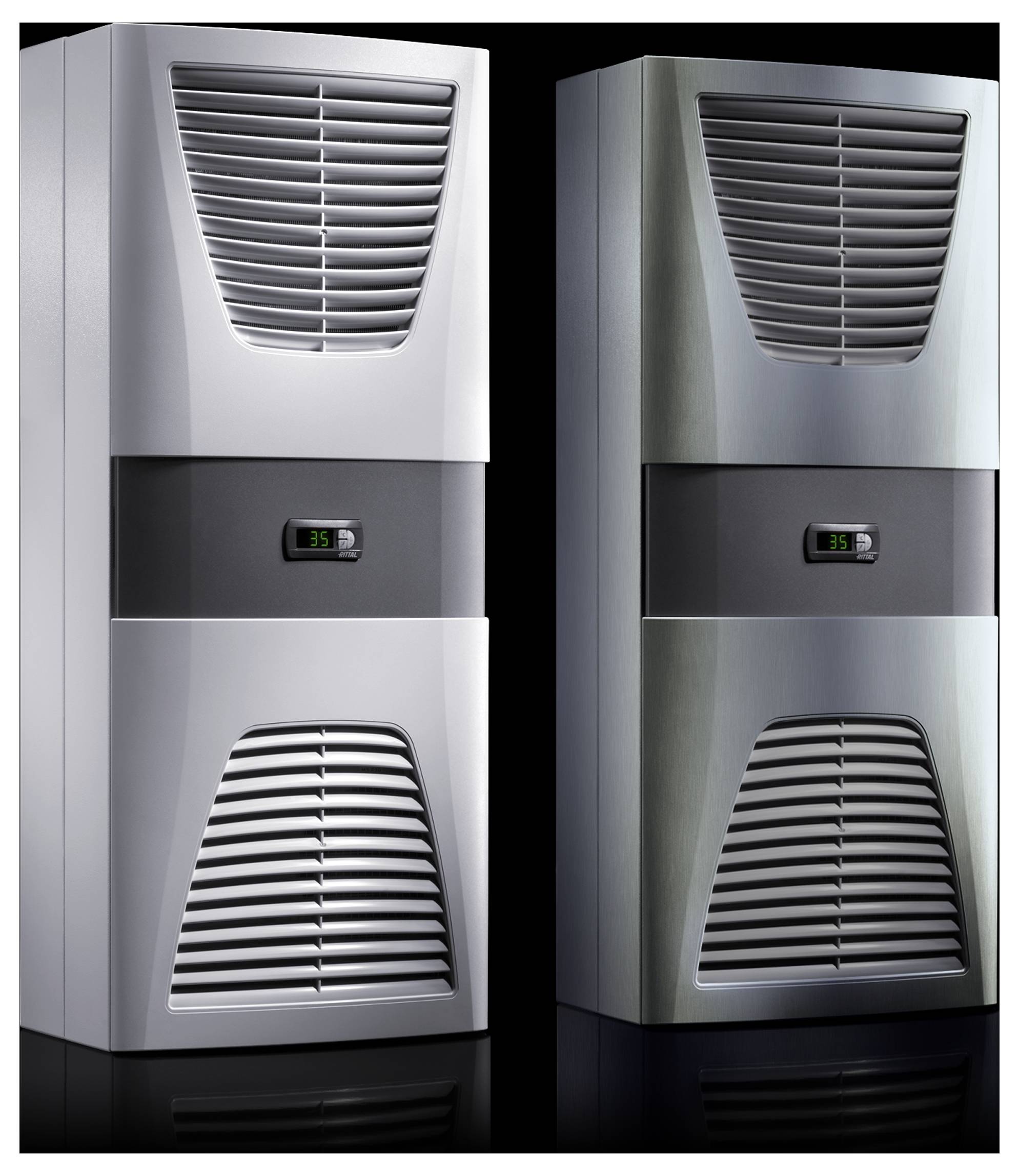 Two vertical air conditioning units with a digital temperature display in the centre. On the left, a unit in silver, on the right in dark metal.