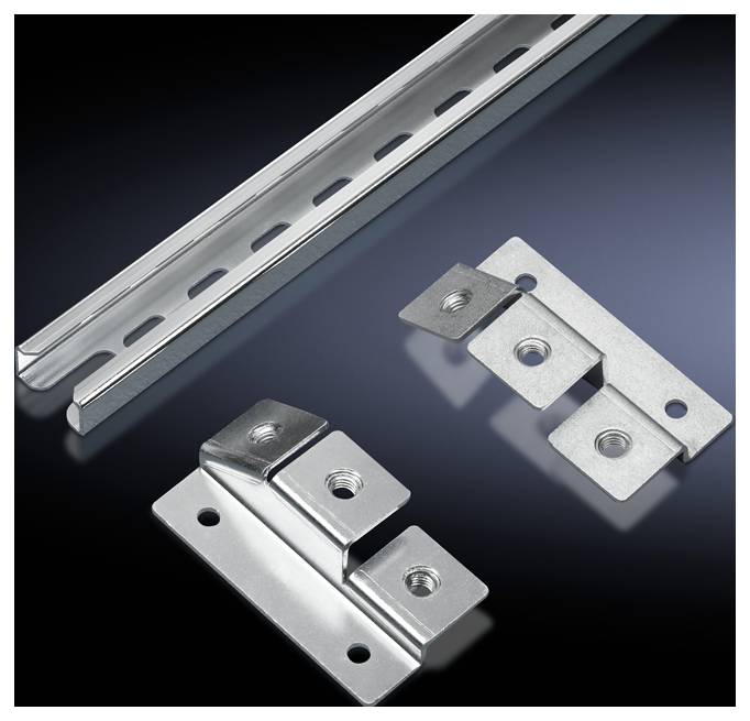 L-shaped metal components and rectangular rail, suitable for industrial or structural applications, on a black background.