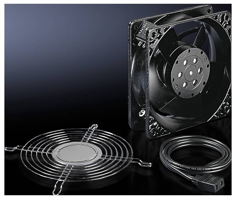 Fan Kit: black fan, metal grille and power cable on a black background, suitable for electronic projects.