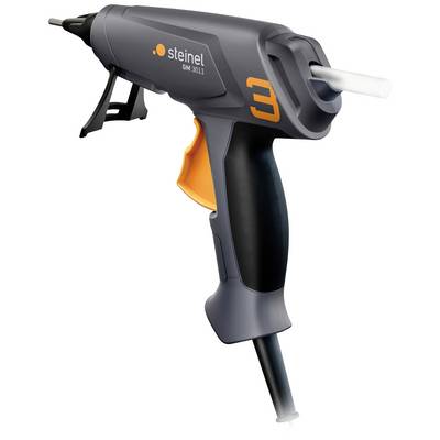 Glue gun with ergonomic handle, black casing, orange trigger, and inserted glue stick, side view.