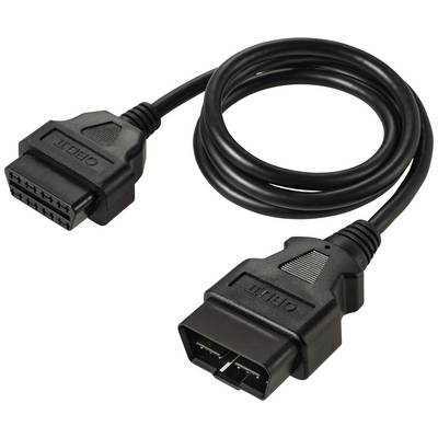 A black OBD-II diagnostic cable with two plugs at its ends, used for vehicle diagnostics, is coiled on a white surface.