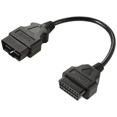 An OBD-II cable with two plugs, connected by a short, flexible cable, for reading vehicle diagnostic data.