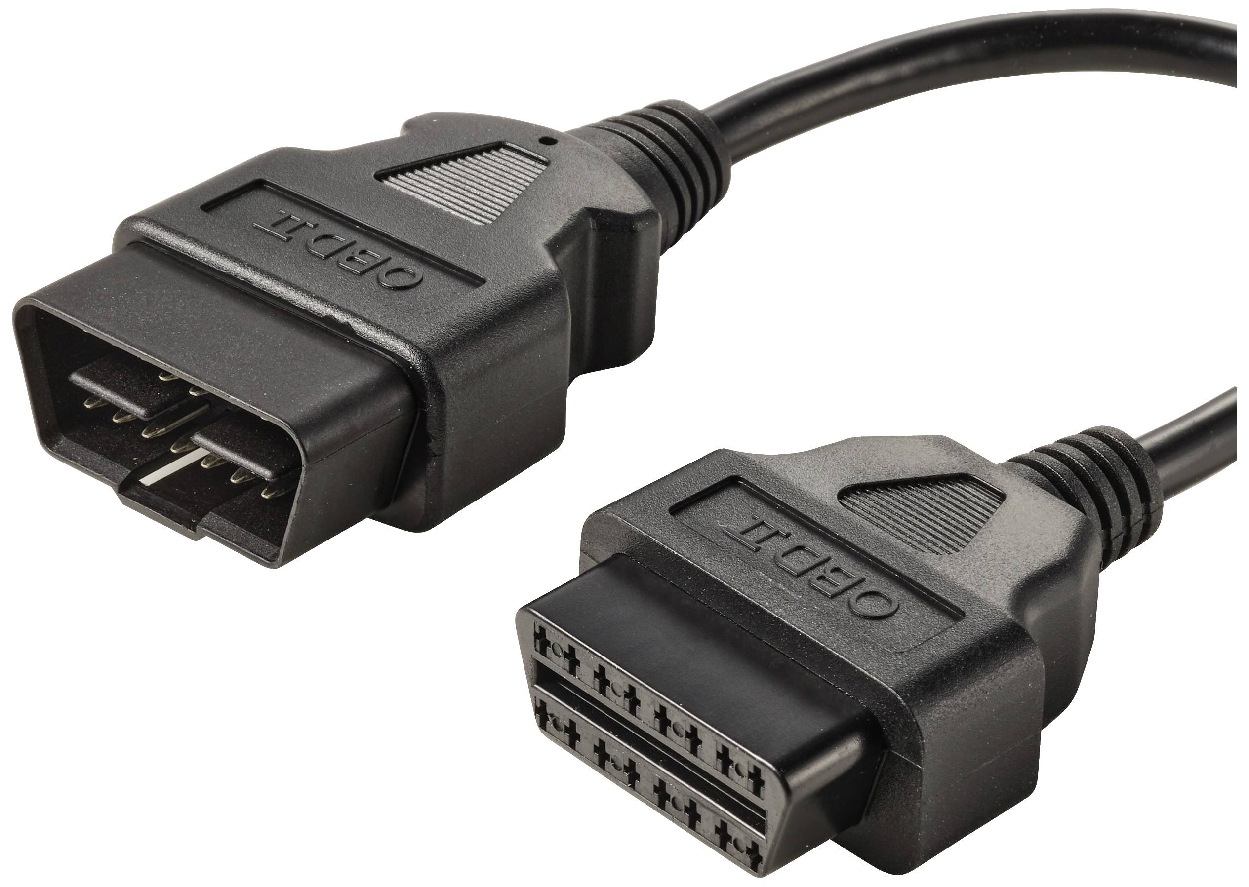 Two black OBD-II connectors for vehicle diagnostics, each with 16 pins.