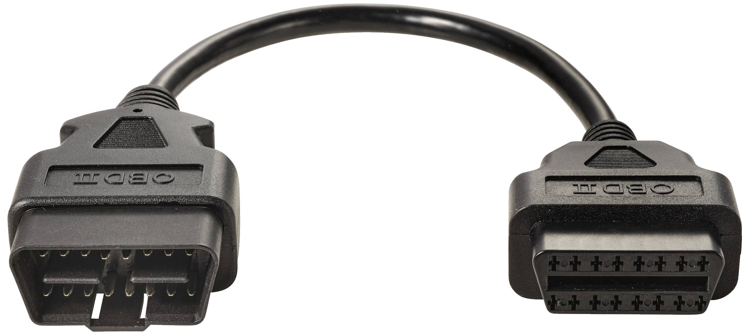 An OBD-II extension cable with two connectors. It is used to transmit vehicle diagnostic data.