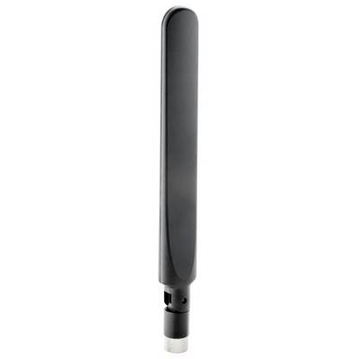 A black, vertical antenna against a white background. Suitable for wireless communication devices.