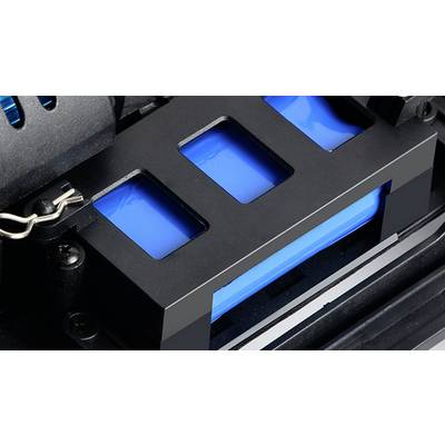 A close-up of a blue battery in a black casing with rectangular cutouts.
